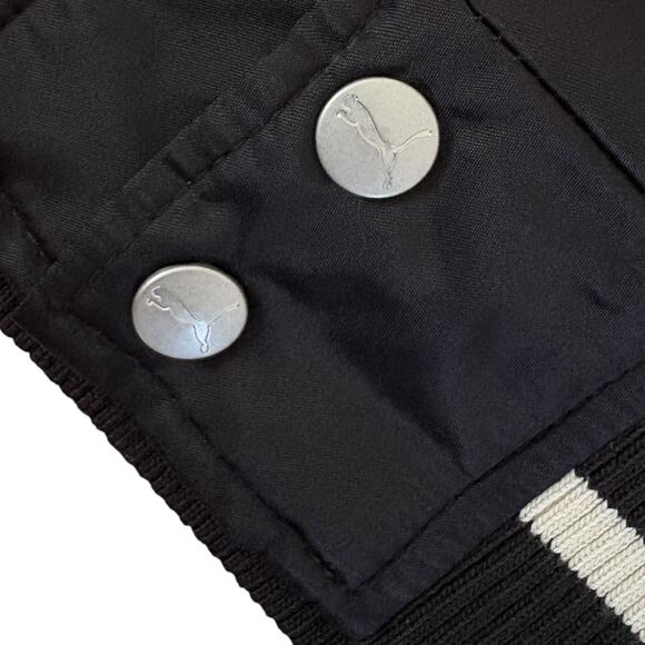 PUMA Varsity Bomber Jacket Y2K Satin Streetwear Logo Spell Out Snap Button M - Picture 3 of 8
